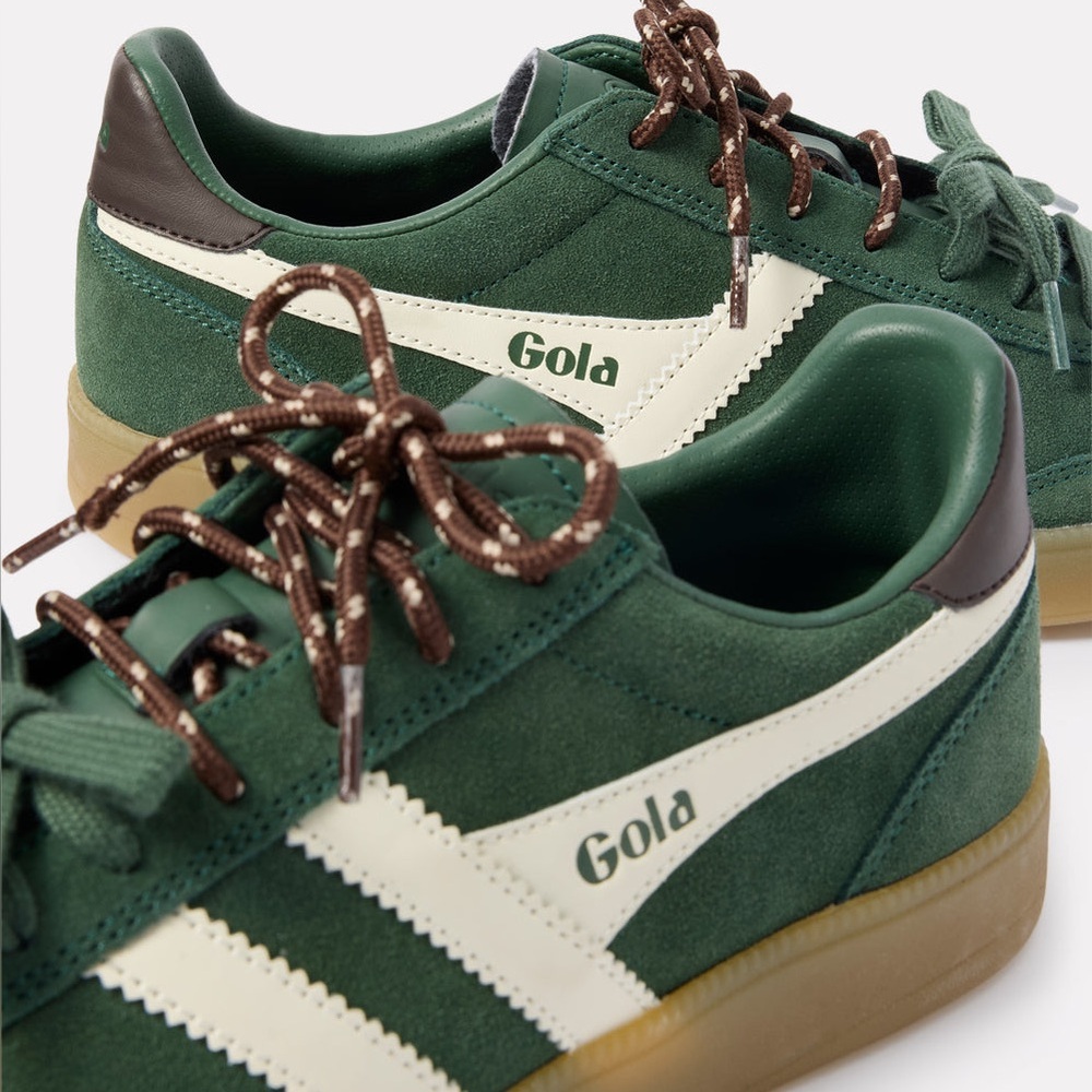 Gola Women’s Green Suede Sneakers with Cream Stripes and Brown Accents